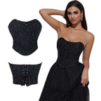House Of Dasein Black Ruched Hem Corset Crop Top For Plus Size Women Back Lace Tight Fit Sequined Detailing Large - S