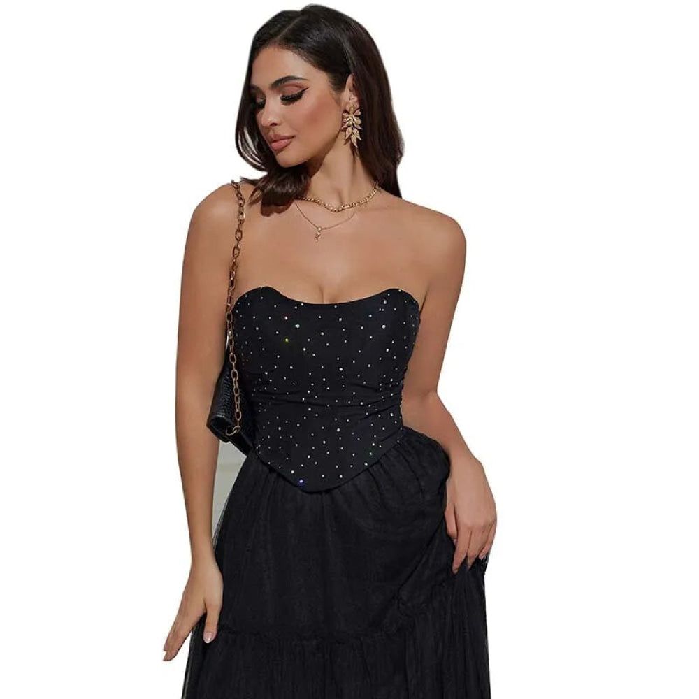 House Of Dasein Black Ruched Hem Corset Crop Top For Plus Size Women Back Lace Tight Fit Sequined Detailing Large - S