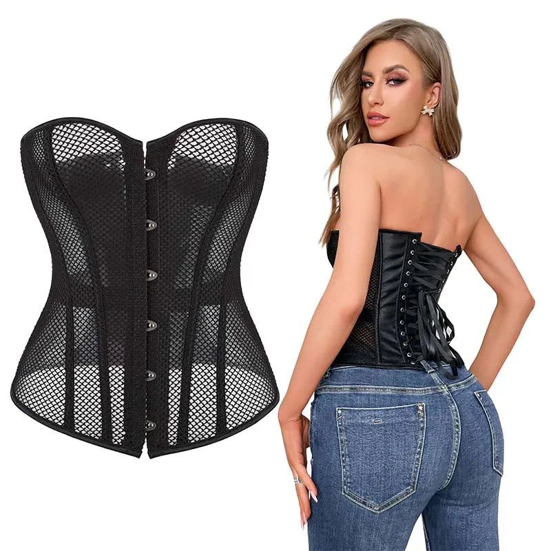 House Of Dasein Transparent Gothic Corset With Thong Plus Size S-6Xl Mesh Net Lingerie Bustier Medium - L