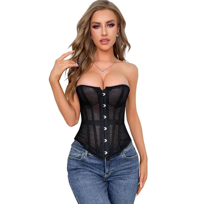 House Of Dasein Transparent Gothic Corset With Thong Plus Size S-6Xl Mesh Net Lingerie Bustier Medium - 4Xl