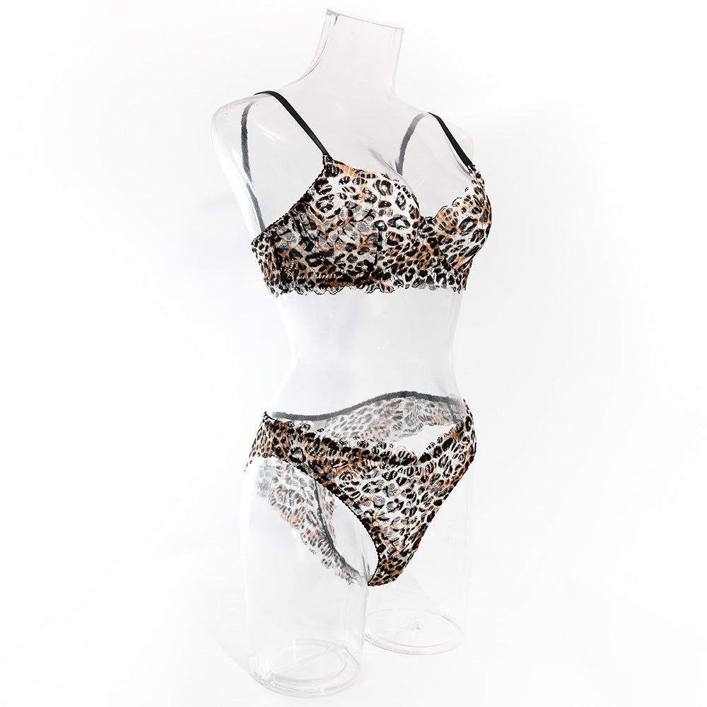 Gathered Sexy Leopard Print Bra And Panty Set For Women Thin Fit Comfortable - Leopard Print - S