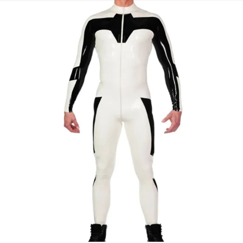 House Of Dasein White And Black Latex Catsuit No Socks Front Crotch Zip For Men Costumes - White - M