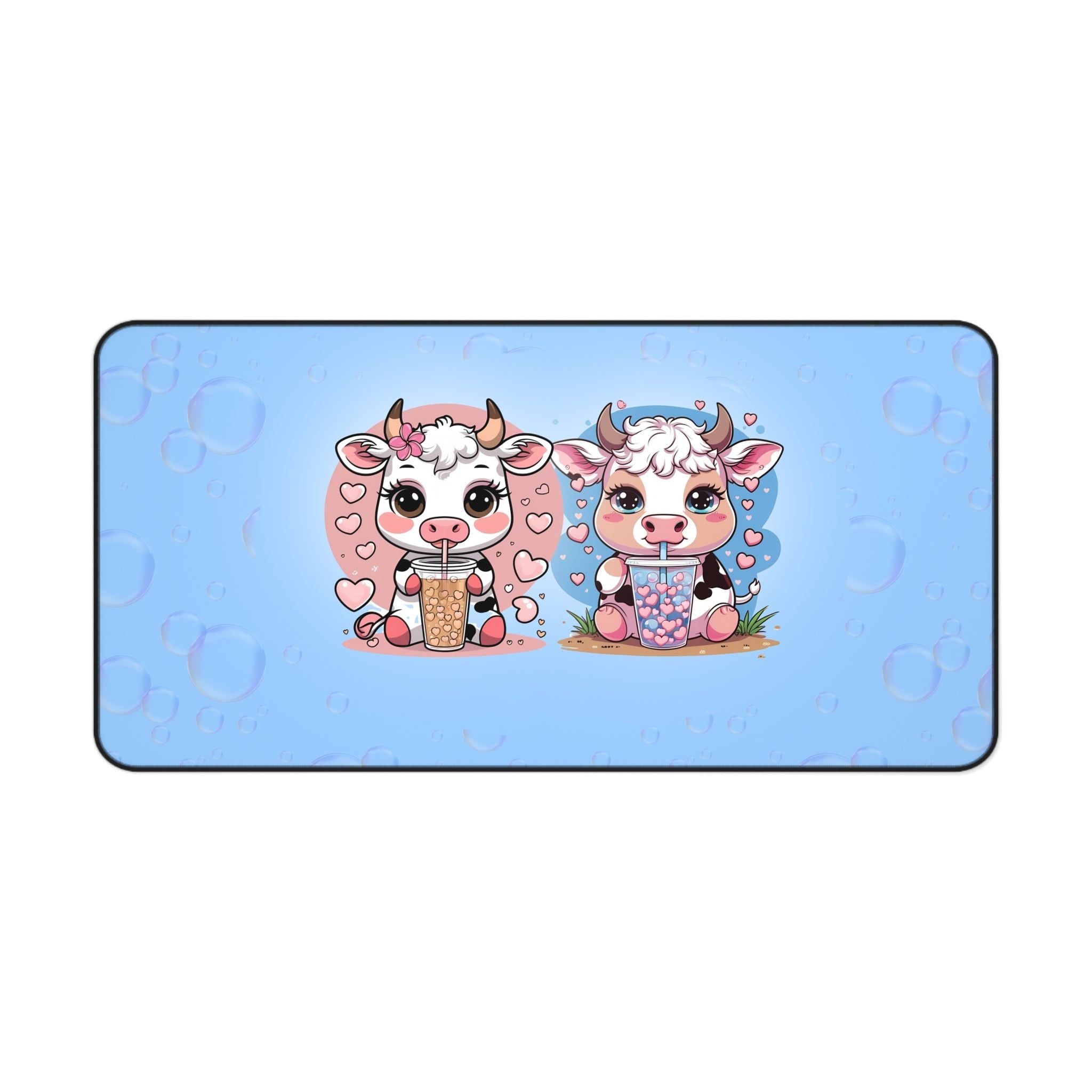 Story Nest Books Cow Desk Mat With Bubble Tea Cute Pastel Decor For Lovers Gamers Students Best Friend Gift Mouse Pad - 16" Ã— 32"