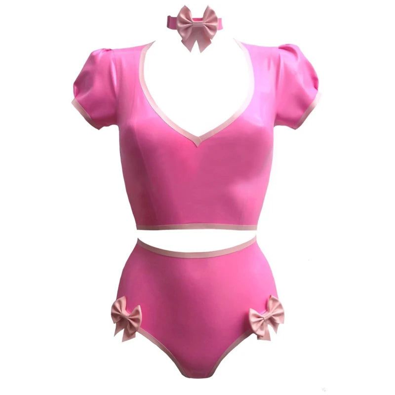 House Of Dasein Latex Rubber Women Pink Top Shirt And Shorts With Neck Collar Handmade Costumes - Pink - M