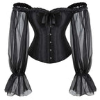 House Of Dasein Ruffled Gothic Corselet Top With Puff Sleeves And Lace-Up Boning Transparent Satin Overbust Corset For Women 4Xl - 5Xl
