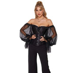 House Of Dasein Ruffled Gothic Corselet Top With Puff Sleeves And Lace-Up Boning Transparent Satin Overbust Corset For Women 4Xl - S