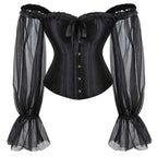 House Of Dasein Ruffled Gothic Corselet Top With Puff Sleeves And Lace-Up Boning Transparent Satin Overbust Corset For Women 4Xl - Xxxl