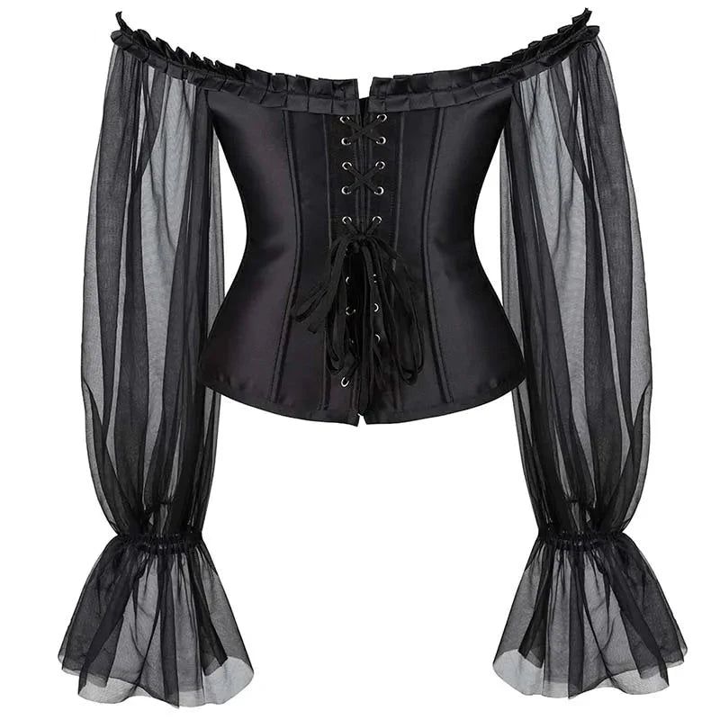 House Of Dasein Ruffled Gothic Corselet Top With Puff Sleeves And Lace-Up Boning Transparent Satin Overbust Corset For Women 4Xl - Xxl