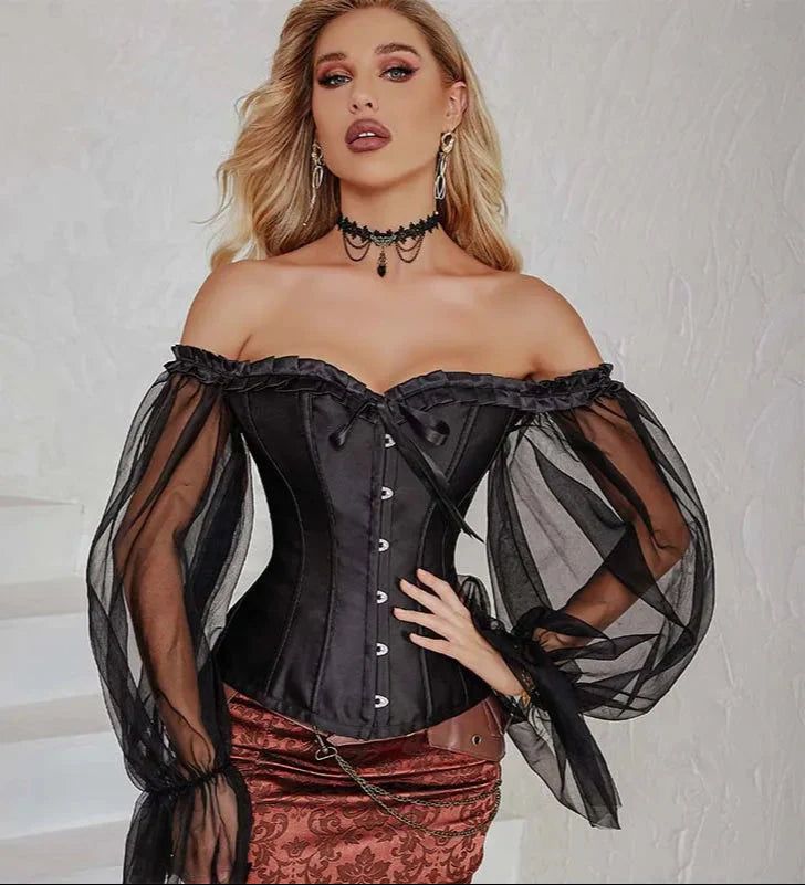 House Of Dasein Ruffled Gothic Corselet Top With Puff Sleeves And Lace-Up Boning Transparent Satin Overbust Corset For Women 4Xl - 6Xl