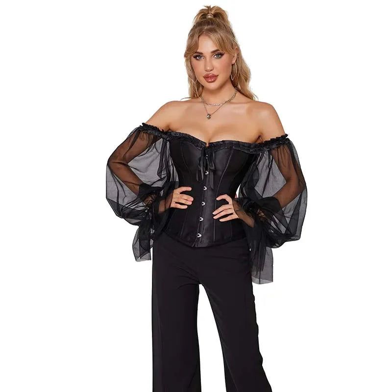 House Of Dasein Ruffled Gothic Corselet Top With Puff Sleeves And Lace-Up Boning Transparent Satin Overbust Corset For Women 4Xl - Xl