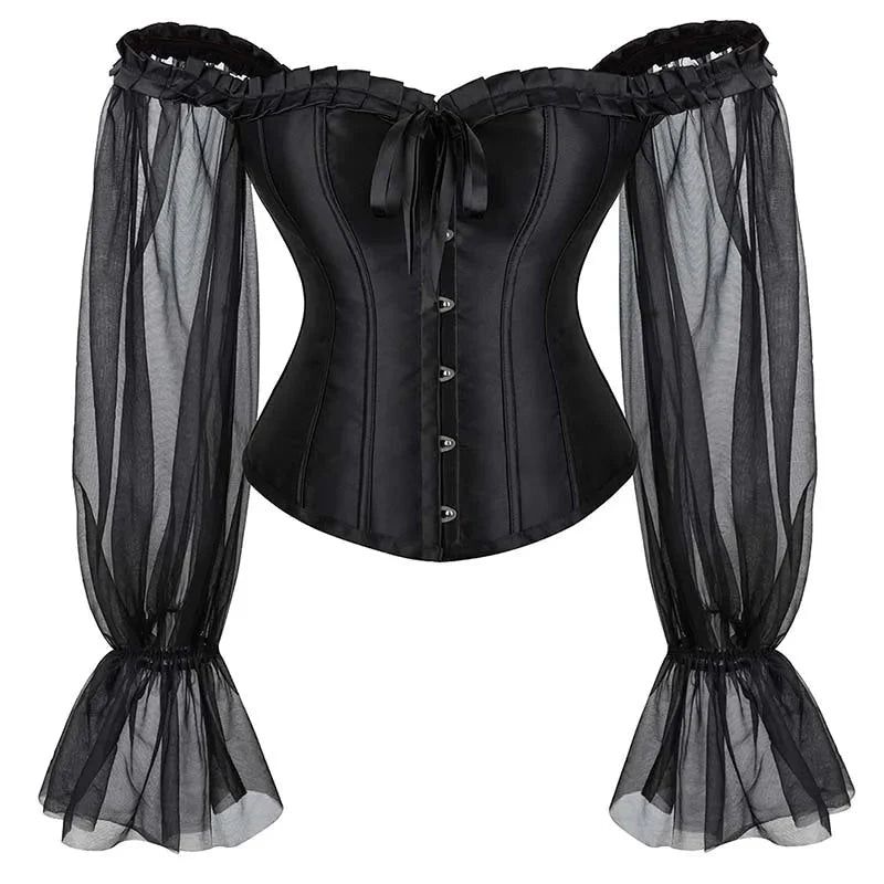 House Of Dasein Ruffled Gothic Corselet Top With Puff Sleeves And Lace-Up Boning Transparent Satin Overbust Corset For Women 4Xl - M