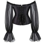 House Of Dasein Ruffled Gothic Corselet Top With Puff Sleeves And Lace-Up Boning Transparent Satin Overbust Corset For Women 4Xl - M