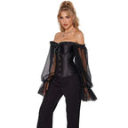 House Of Dasein Ruffled Gothic Corselet Top With Puff Sleeves And Lace-Up Boning Transparent Satin Overbust Corset For Women 4Xl - M