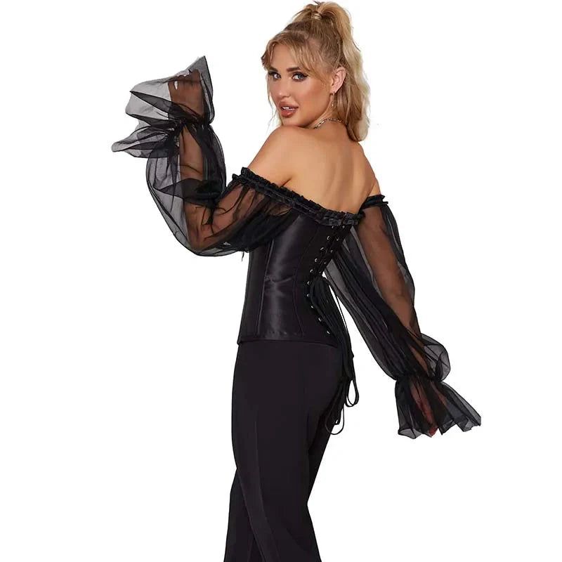 House Of Dasein Ruffled Gothic Corselet Top With Puff Sleeves And Lace-Up Boning Transparent Satin Overbust Corset For Women 4Xl - M