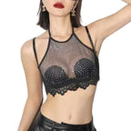 House Of Dasein Summer Thin Strapless Backless Small Chest Gathering Bra Rhinestone Mesh Minimizing Pure Desire Girl - Black - Xl