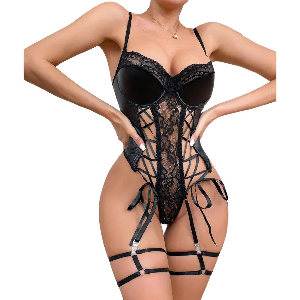 Lingerie Bodysuit With Pu Leather And Lace Trim Push-Up Bra Fitted Underwear For Nightclub - Black - Xl