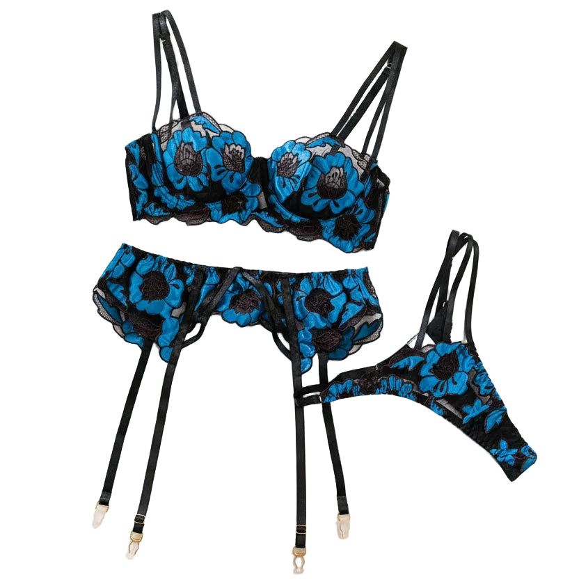 Sexy Floral Embroidered Bra Set - Hollow Out Transparent Lingerie For Women - Blue - M