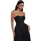 House Of Dasein Black Ruched Hem Corset Crop Top For Plus Size Women Back Lace Tight Fit Sequined Detailing Xxl Medium
