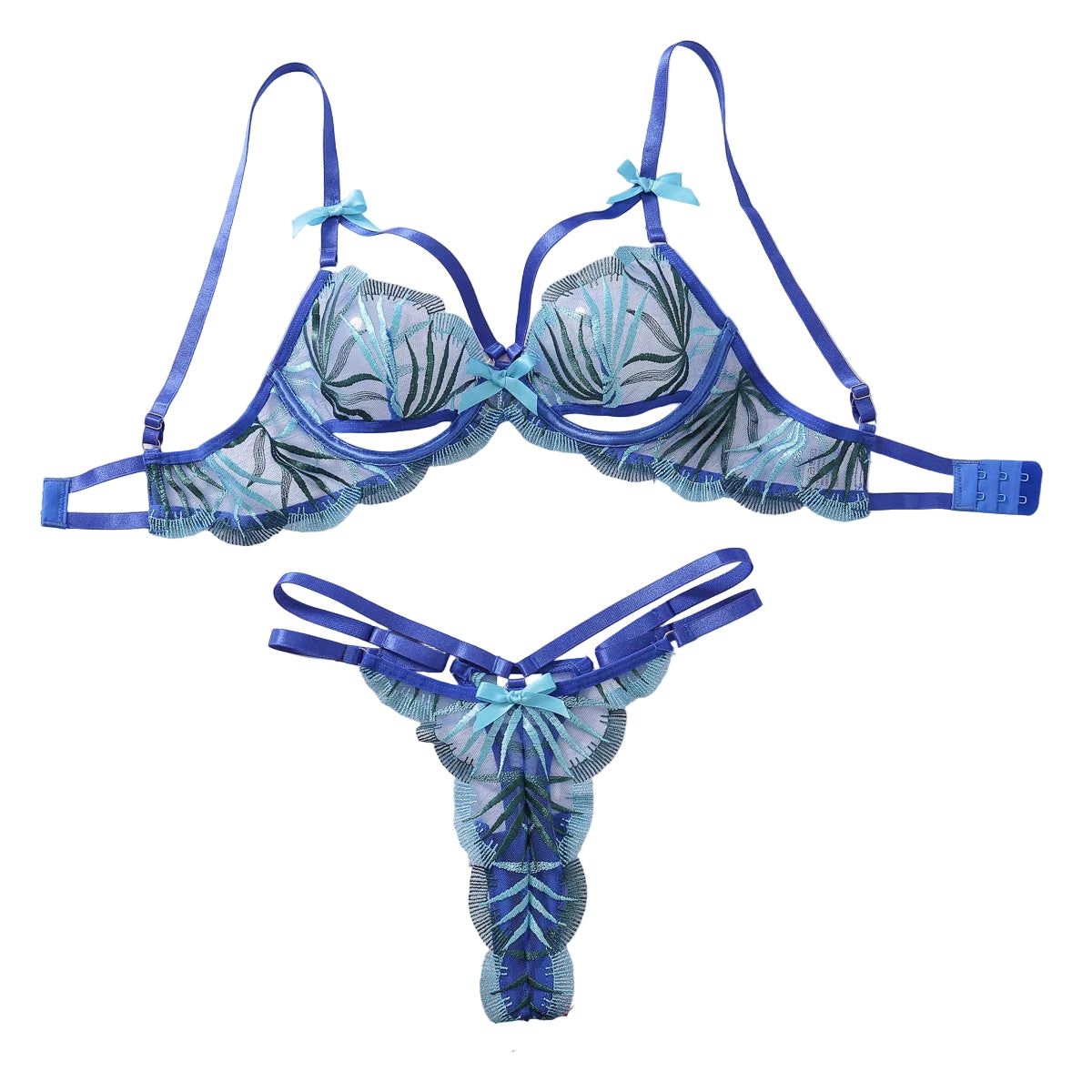 House Of Dasein Thin Embroidered Sexy Hollow Out Lingerie Two-Piece Set For Women - Blue - M
