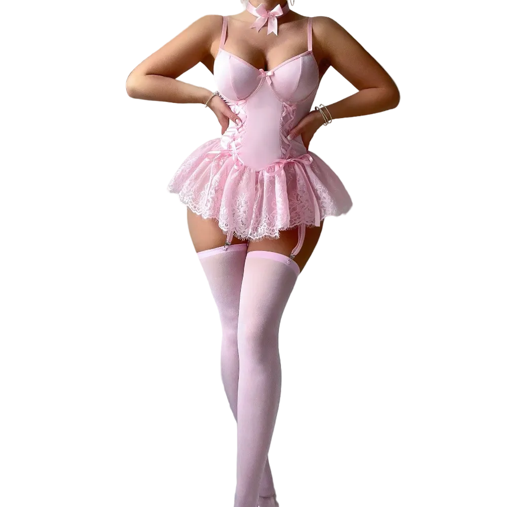 House Of Dasein Retro Pure Temptation Sexy Deep V Neck Lace Trim One Piece Dress Lingerie - Pink - L