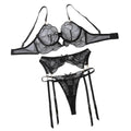 Perspective Embroidered Sexy Bra Set With Lace Underwear And Three Piece - Black - M