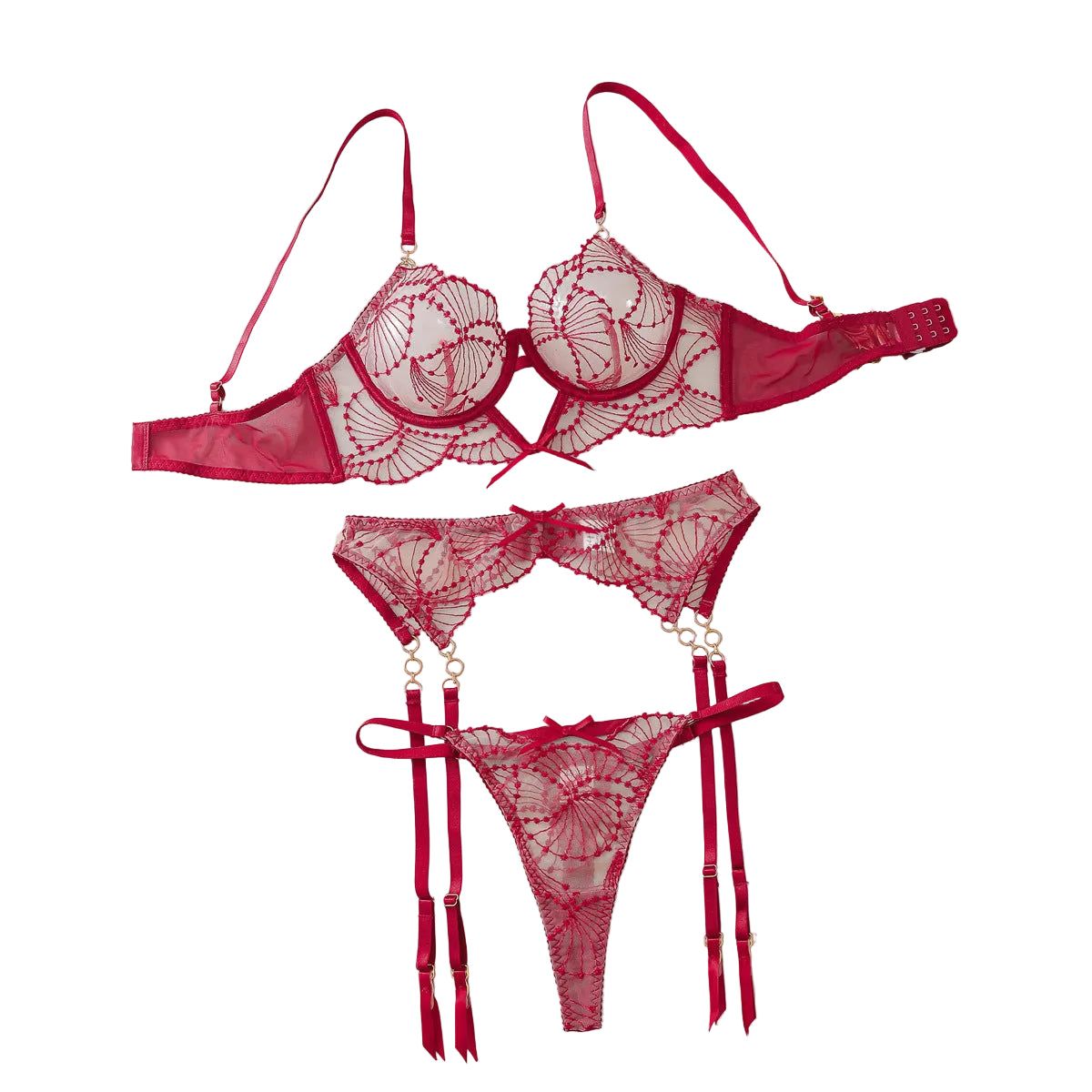 Perspective Embroidered Sexy Bra Set With Lace Underwear And Three Piece - Wine Red - M