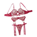 Perspective Embroidered Sexy Bra Set With Lace Underwear And Three Piece - Wine Red - S