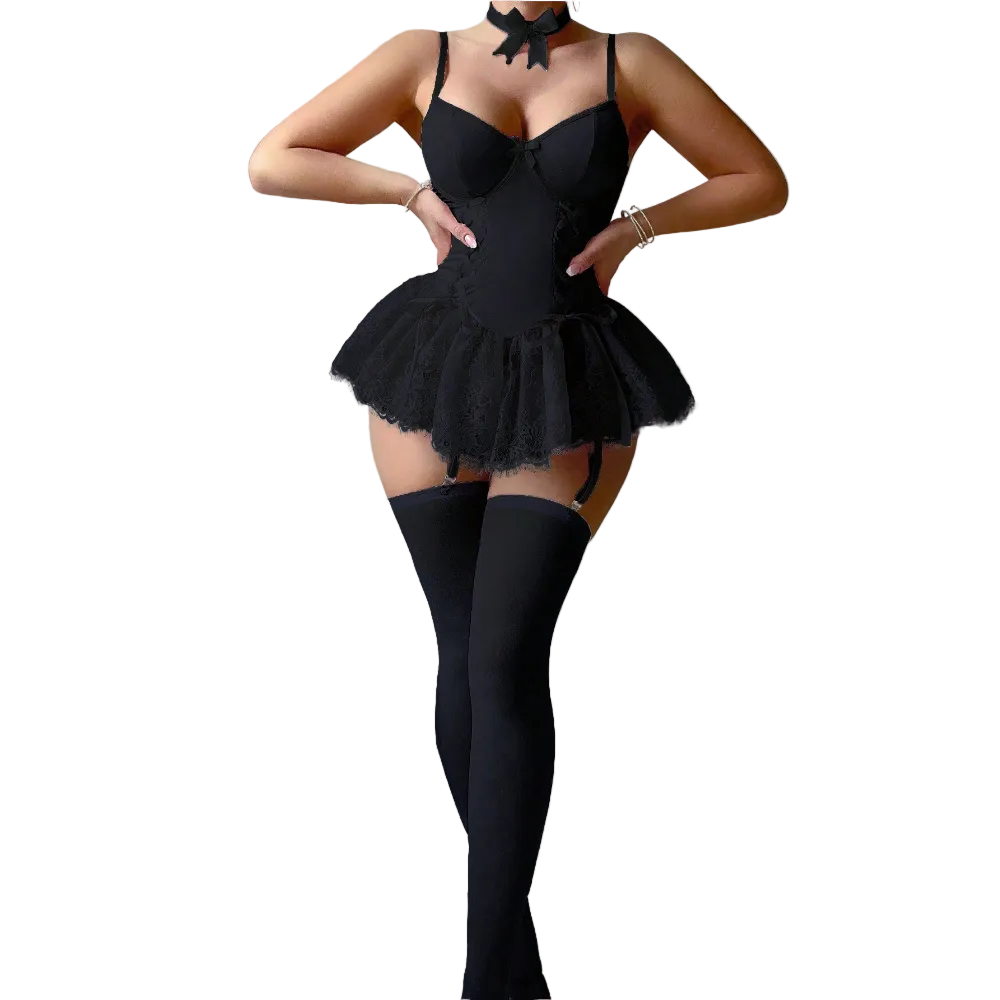 House Of Dasein Retro Pure Temptation Sexy Deep V Neck Lace Trim One Piece Dress Lingerie - Black - M