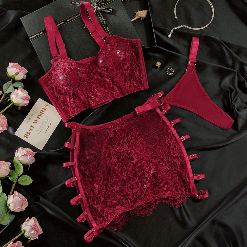 House Of Dasein High Elastic Lace Underwear Seductive 3D Tailored Slim Elegant Fashion Essential Lingerie Set - Wine Red - L