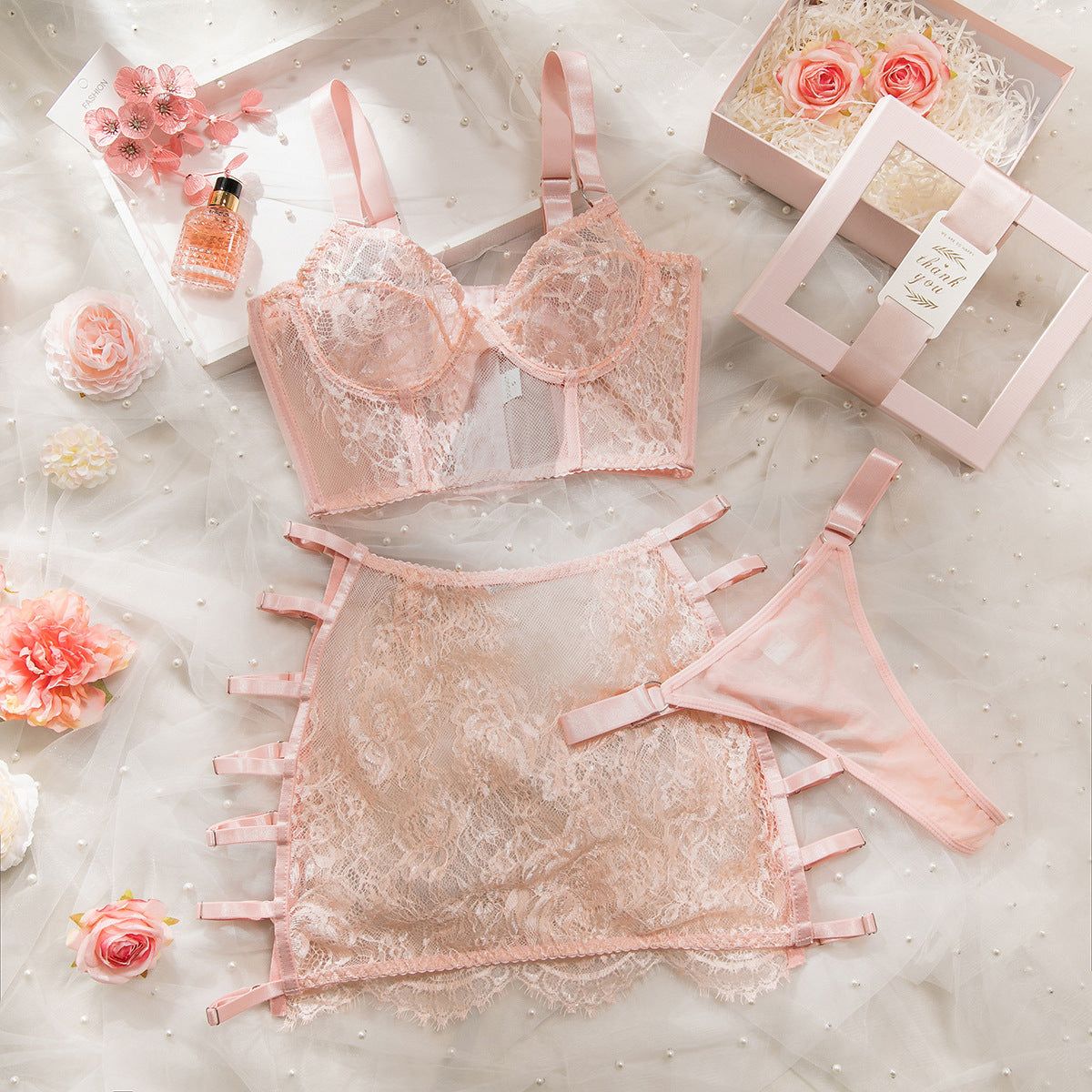 House Of Dasein High Elastic Lace Underwear Seductive 3D Tailored Slim Elegant Fashion Essential Lingerie Set - Pink - S