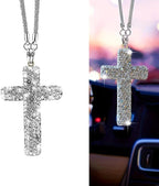 Car Hanging Ornament, Bling Cross Faith Pendant, Rhinestones-Embedded Rust-Proof Hip Hop Rearview Mirror Decoration Charm, Universal Personality Interior Accessory for Most Cars (Silver)
