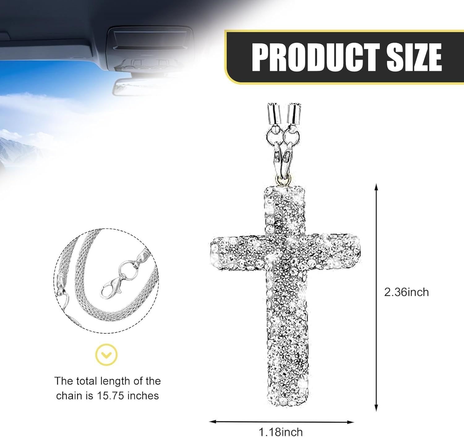 Car Hanging Ornament, Bling Cross Faith Pendant, Rhinestones-Embedded Rust-Proof Hip Hop Rearview Mirror Decoration Charm, Universal Personality Interior Accessory for Most Cars (Silver)