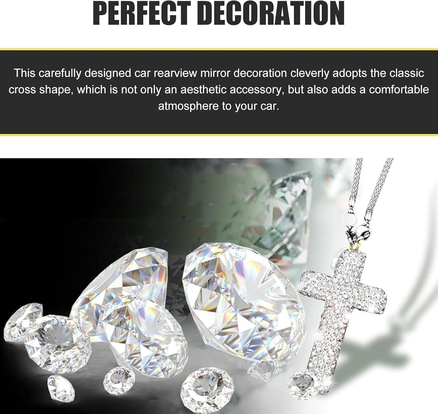 Car Hanging Ornament, Bling Cross Faith Pendant, Rhinestones-Embedded Rust-Proof Hip Hop Rearview Mirror Decoration Charm, Universal Personality Interior Accessory for Most Cars (Silver)