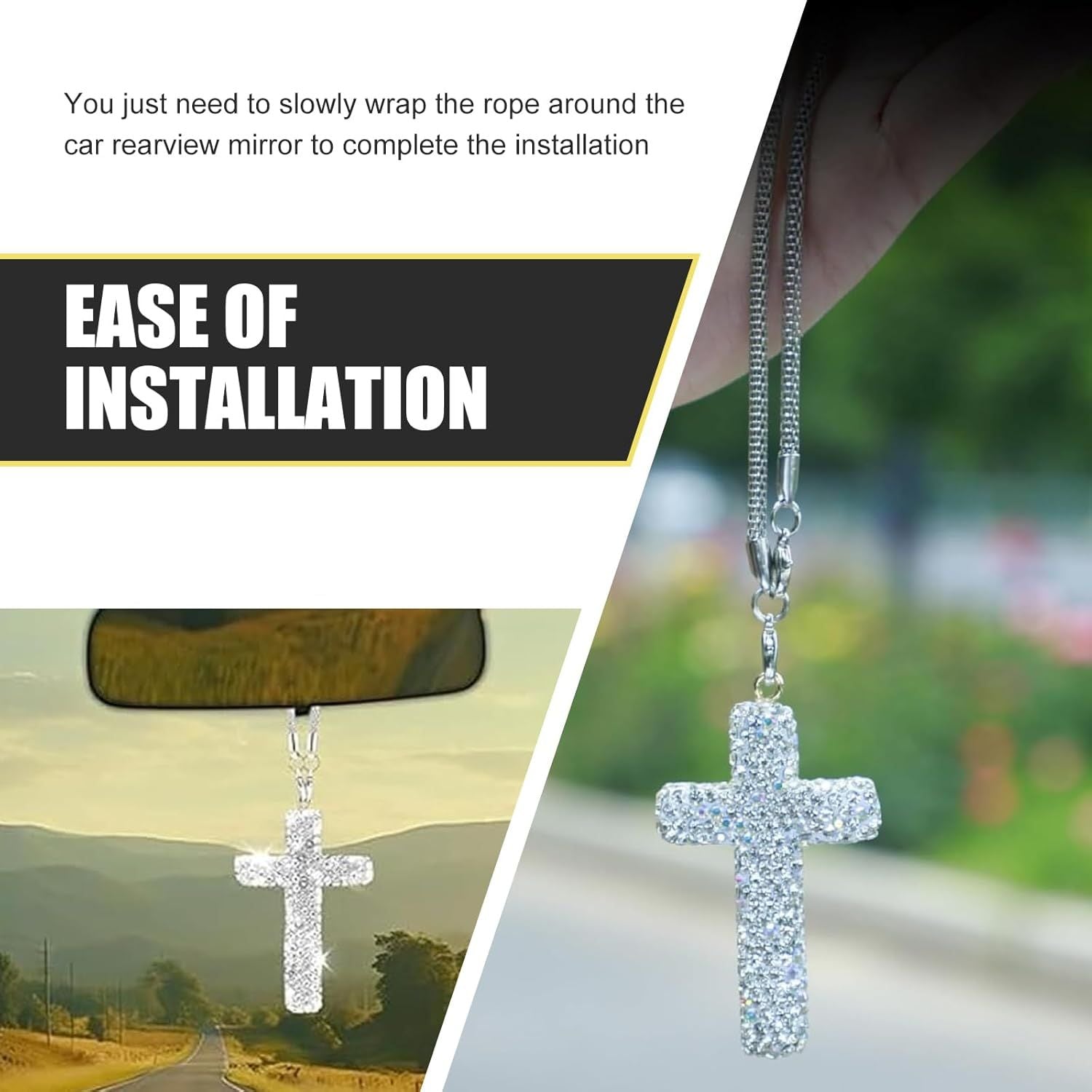 Car Hanging Ornament, Bling Cross Faith Pendant, Rhinestones-Embedded Rust-Proof Hip Hop Rearview Mirror Decoration Charm, Universal Personality Interior Accessory for Most Cars (Silver)