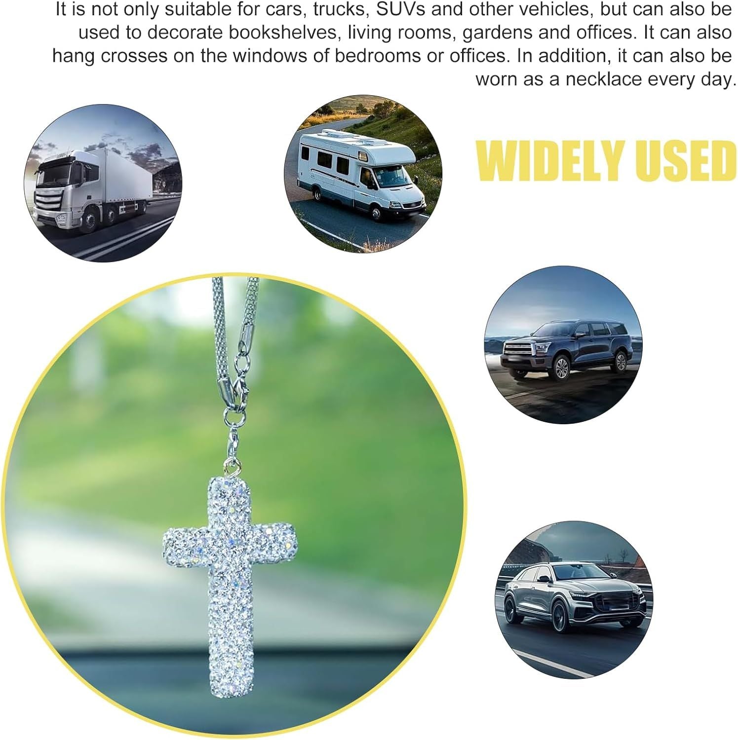 Car Hanging Ornament, Bling Cross Faith Pendant, Rhinestones-Embedded Rust-Proof Hip Hop Rearview Mirror Decoration Charm, Universal Personality Interior Accessory for Most Cars (Silver)