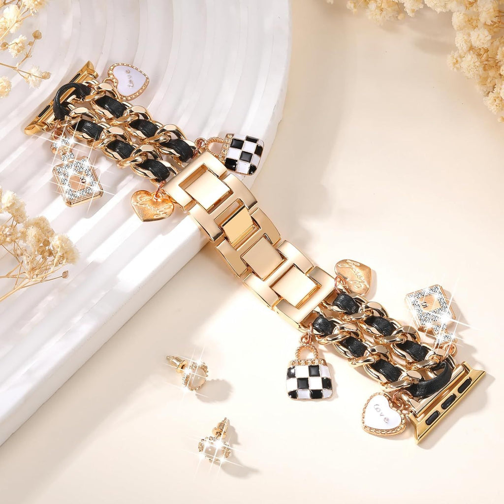 Stylish Metal Band Compatible with Apple Watch Bands for Women 40mm 38mm 41mm 44mm 42mm 45mm 46mm,Pretty Chain Strap with Apple Watch Accessories Charms for iWatch Series 11 10 9 8 7 6 5 4 3 2 1 SE