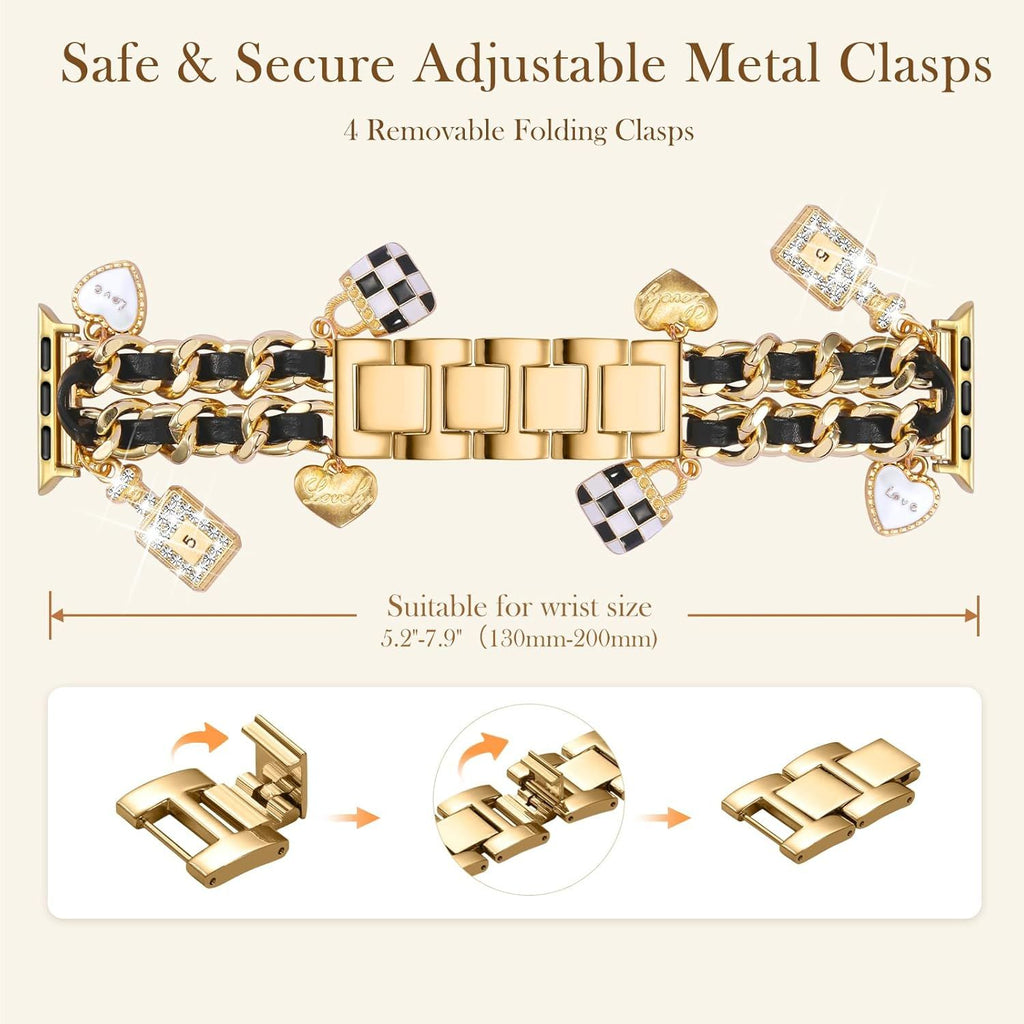 Stylish Metal Band Compatible with Apple Watch Bands for Women 40mm 38mm 41mm 44mm 42mm 45mm 46mm,Pretty Chain Strap with Apple Watch Accessories Charms for iWatch Series 11 10 9 8 7 6 5 4 3 2 1 SE