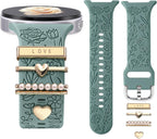 Flower Engraved Bands Compatible with Samsung Galaxy Watch 8 Band 40mm 44mm/Galaxy Watch 8 Classic 46mm, Soft Silicone Replacement Strap with Fancy Decorative Charms Accessories for Women