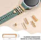 Flower Engraved Bands Compatible with Samsung Galaxy Watch 8 Band 40mm 44mm/Galaxy Watch 8 Classic 46mm, Soft Silicone Replacement Strap with Fancy Decorative Charms Accessories for Women