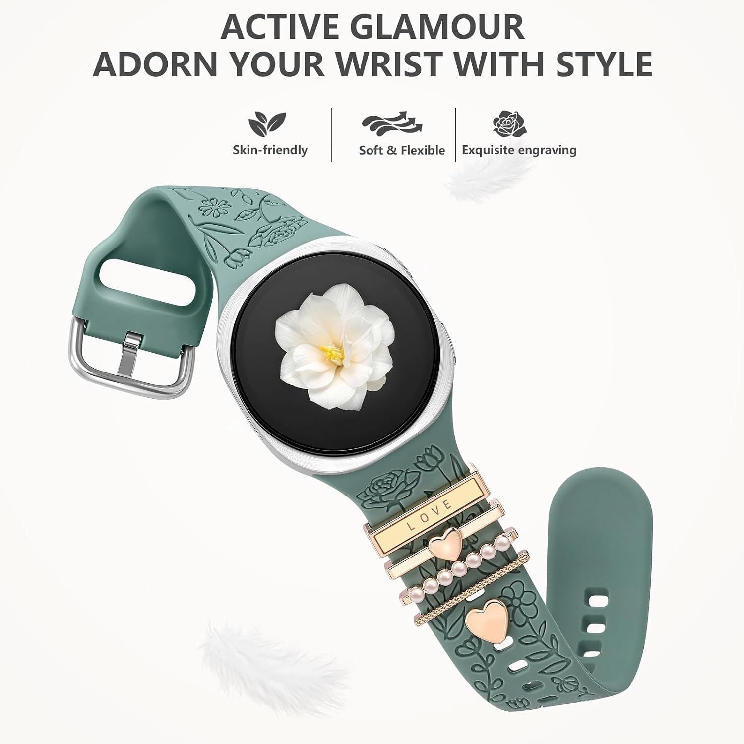 Flower Engraved Bands Compatible with Samsung Galaxy Watch 8 Band 40mm 44mm/Galaxy Watch 8 Classic 46mm, Soft Silicone Replacement Strap with Fancy Decorative Charms Accessories for Women