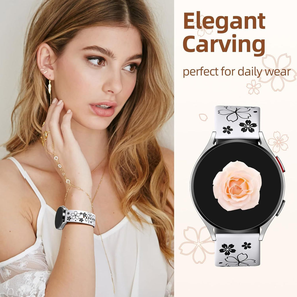 Floral Engraved Band-Compatible with Samsung Galaxy Watch 7 Band 6 4 5 40mm 44mm/5 Pro/6 4 Classic/Active 2, 20mm Cute Two-Tone Flower Soft Silicone Sport Strap for Samsung Watch Bands Women Men
