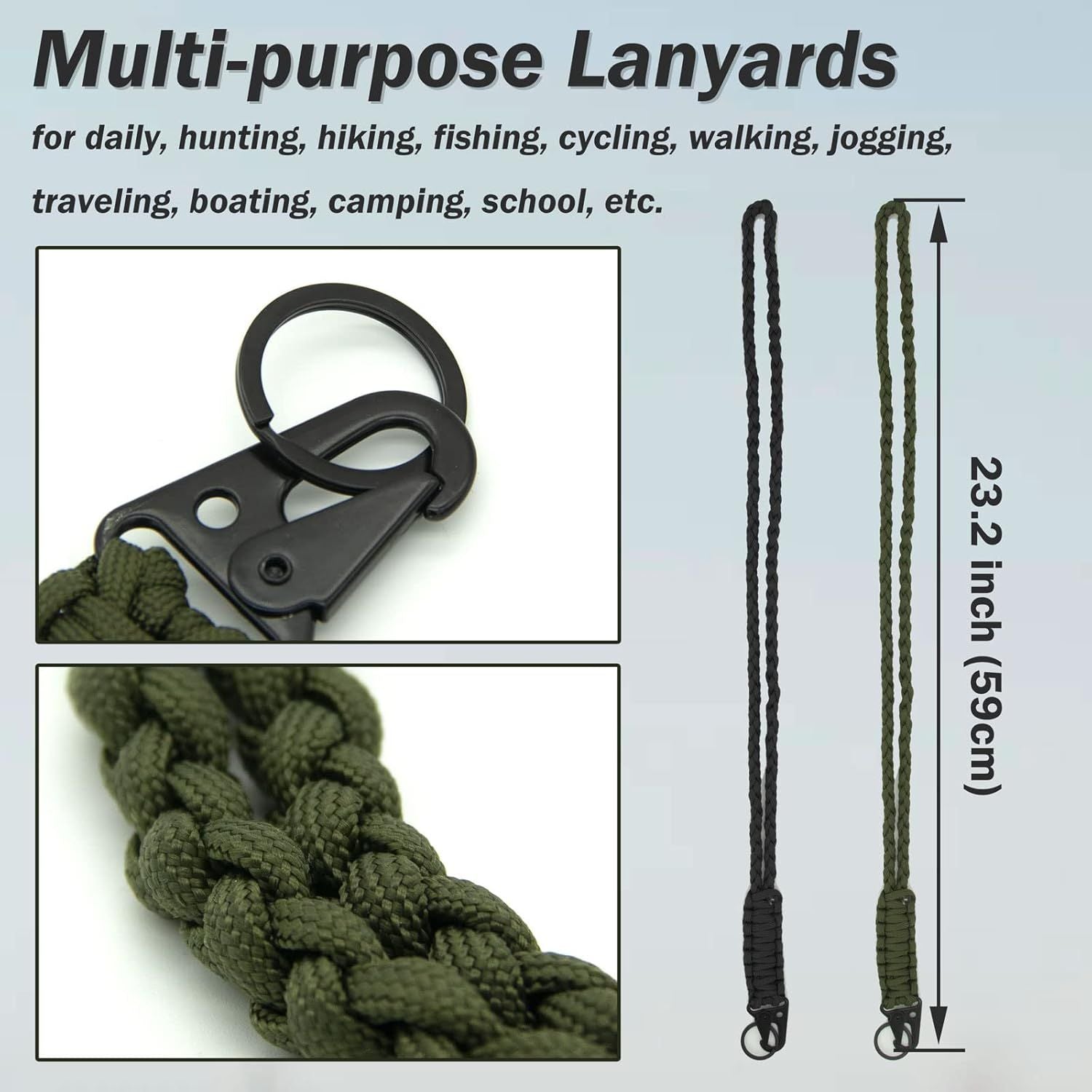 2 Pieces Heavy Duty Paracord Lanyard Braided 550 Necklace Keychains Whistles Wrist Strap Parachute Rope for Outdoor Activities, Camera, ID Card Badge Holder, Wallet and Keys (Black + Olive Green)