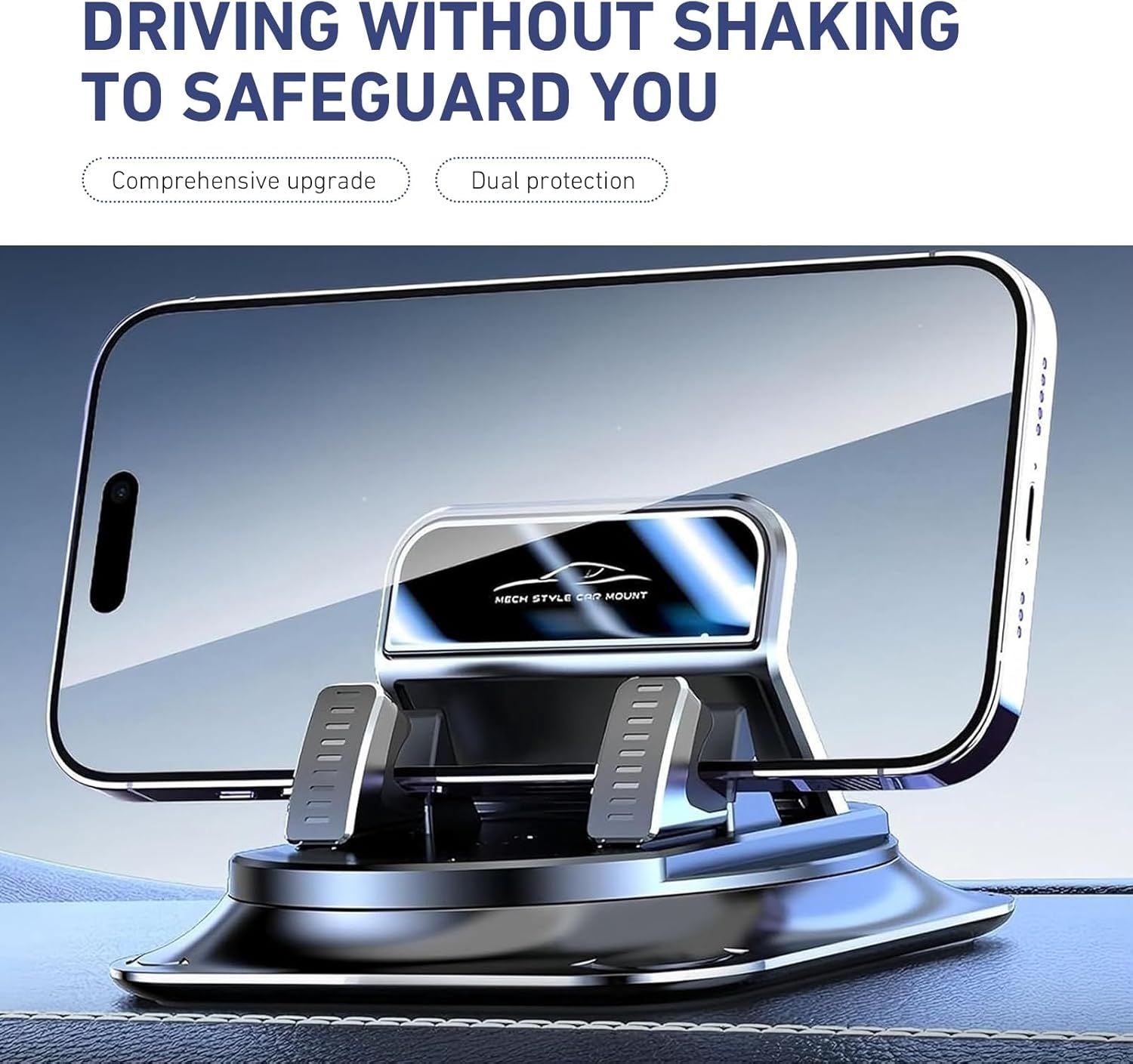 Car Dashboard Phone Holder, Rotatable One-Hand Operation Bracket, Anti-Slip Waterproof Navigation Mount with Strong Suction, Wider Silicone Base for Most Size Phones (Black)