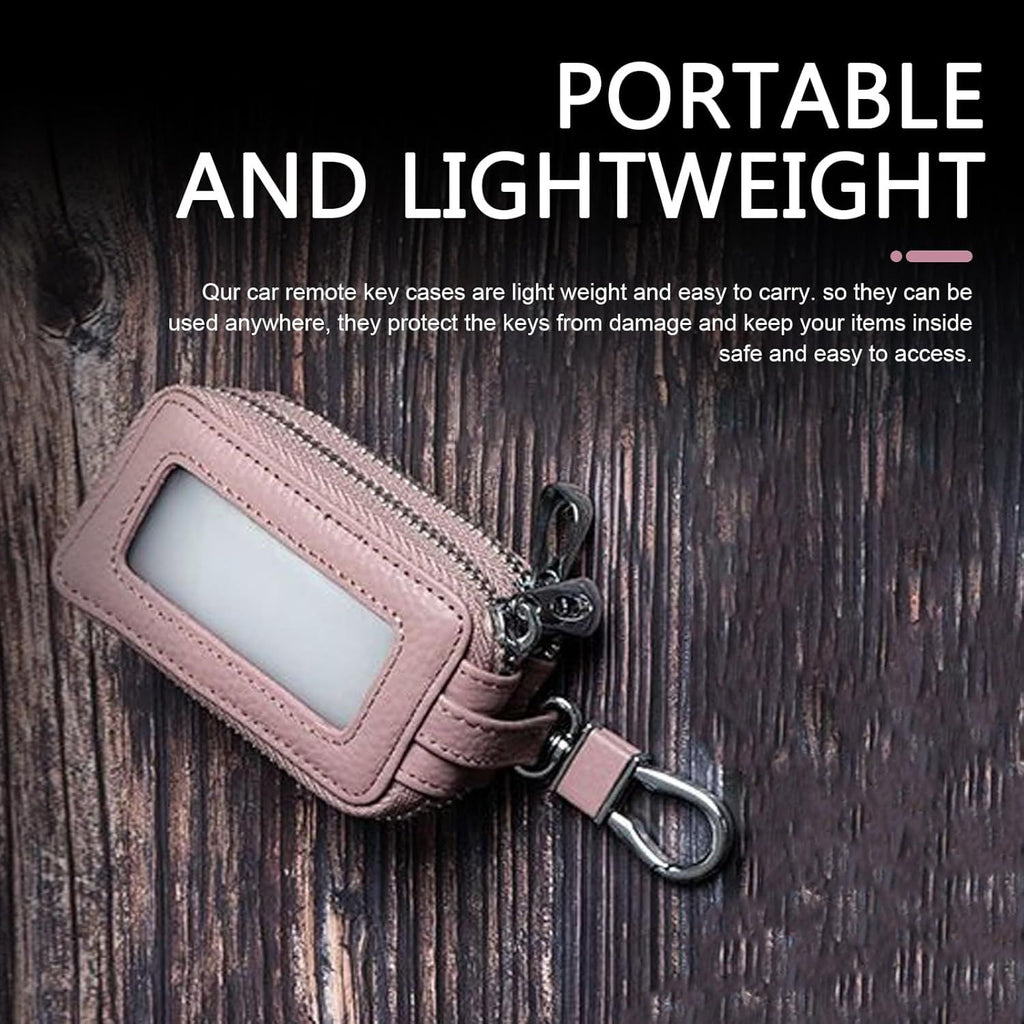 Car Key Fob Case, Double-layer Remote Key Storage Bag with Zipper Closure and Lanyard, for Men Women (Pink)