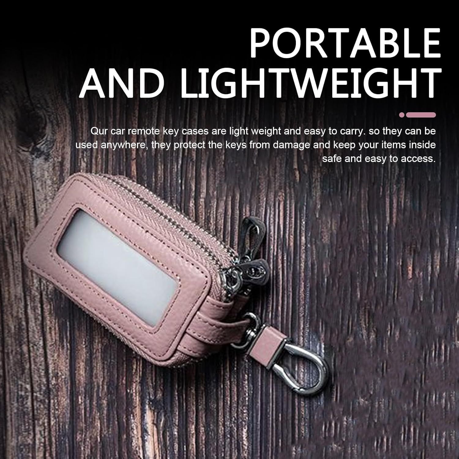 Car Key Fob Case, Double-layer Remote Key Storage Bag with Zipper Closure and Lanyard, for Men Women (Pink)