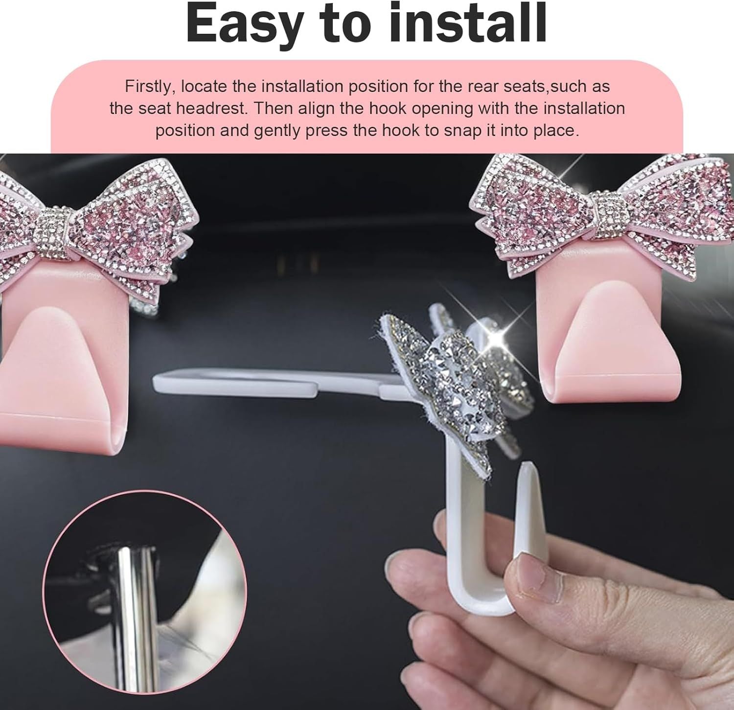 2 PCS Car Bling Seat Headrest Hooks, 3D Butterfly Bow Rhinestone Decoration Hook, Multi-function Storage Hanger for Purses and Bags, Cute Organizer for Car Rear Seat (Pink)