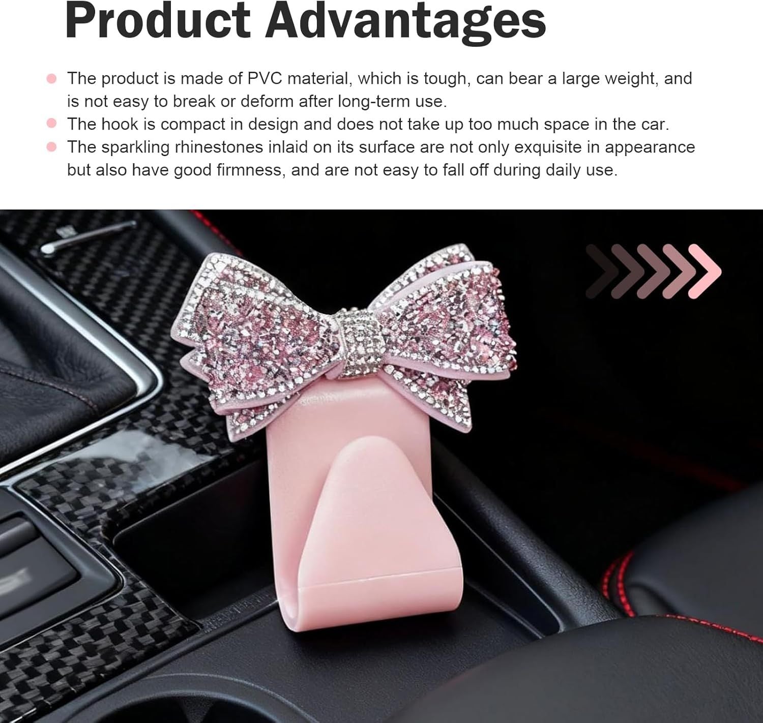 2 PCS Car Bling Seat Headrest Hooks, 3D Butterfly Bow Rhinestone Decoration Hook, Multi-function Storage Hanger for Purses and Bags, Cute Organizer for Car Rear Seat (Pink)