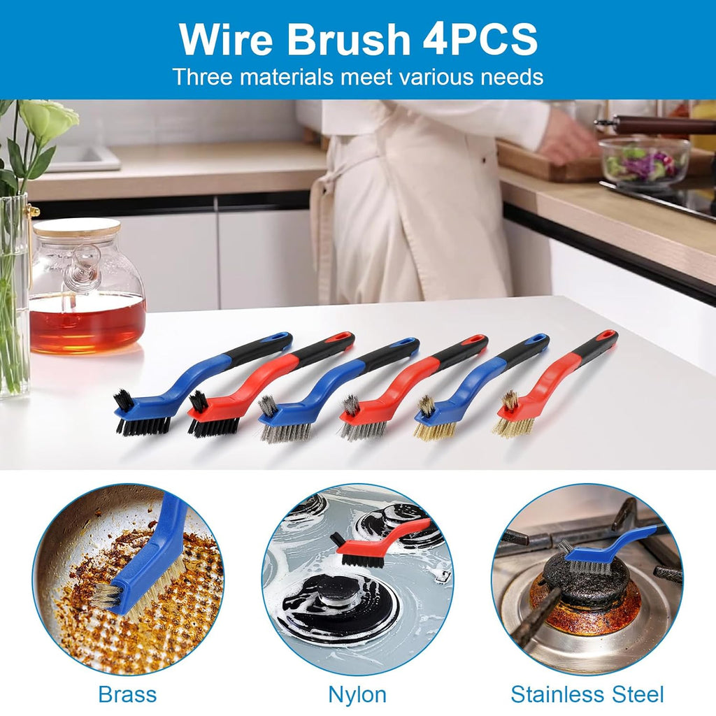 Wire Brush with Scraper Cleaner, Multi-Purpose Stainless Steel/Brass/Nylon Bristle with Curved Handle Grip for Welding Slag Cleaning, Metal Rust Scratching, Paint Scrubbing and Dirt Removal