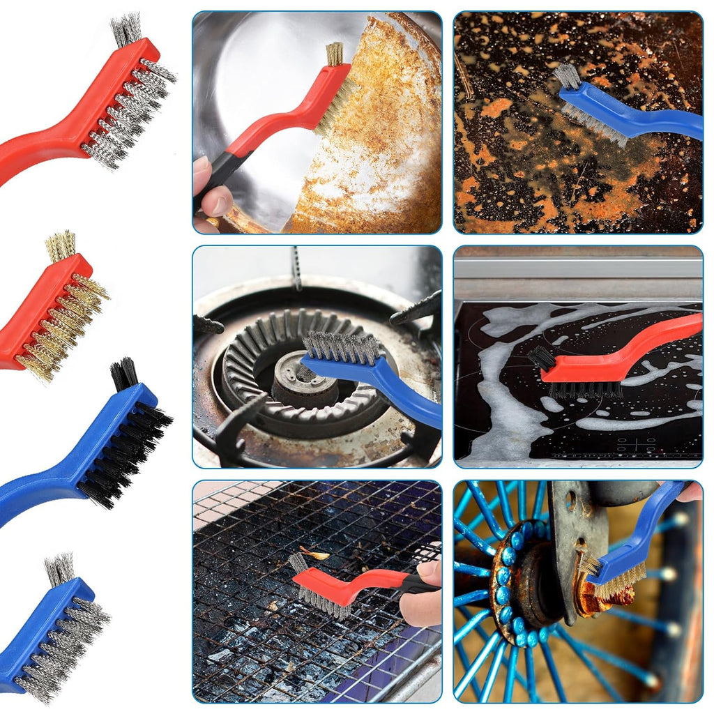 Wire Brush with Scraper Cleaner, Multi-Purpose Stainless Steel/Brass/Nylon Bristle with Curved Handle Grip for Welding Slag Cleaning, Metal Rust Scratching, Paint Scrubbing and Dirt Removal