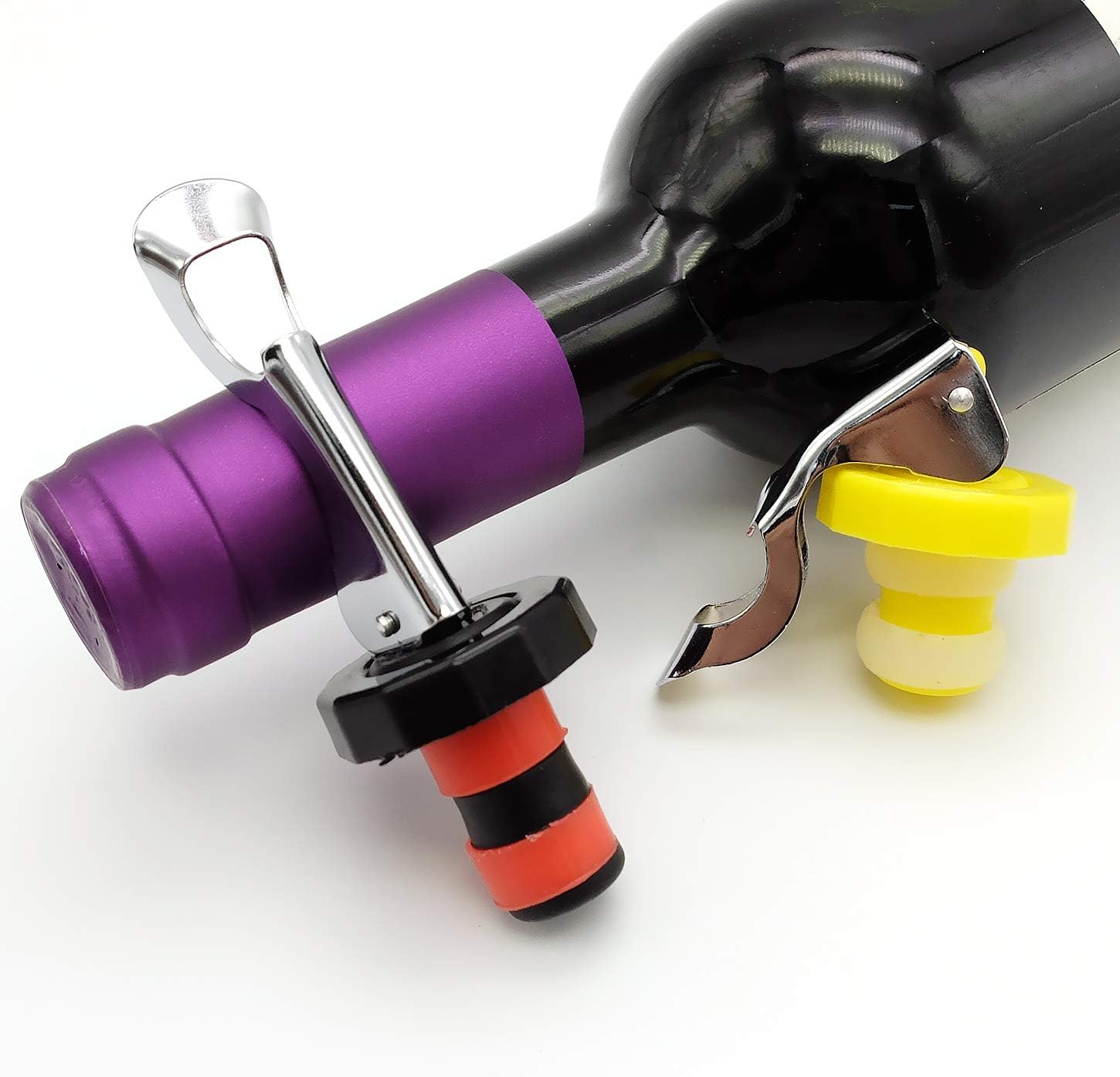 6 Pack Silicone Vacuum Bottle Stoppers Red Yellow Black for Wine Champagne Beer Whisky Soft Drinks Water Airtight Reusable